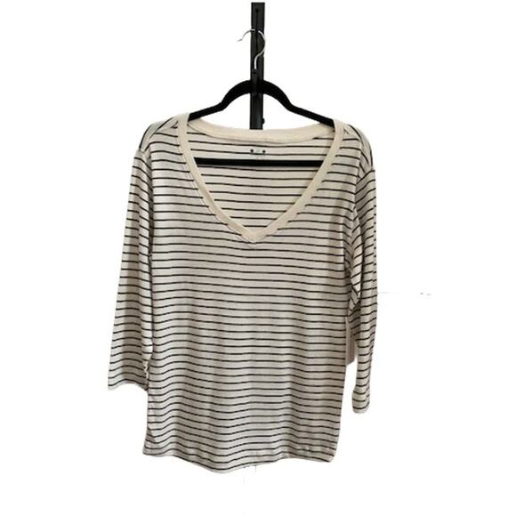 Three Dots-V-Neck-3/4 Sleeve-Striped- 100% Cotton Shirt-Top-Ivory-Black-Women XL - Picture 1 of 7